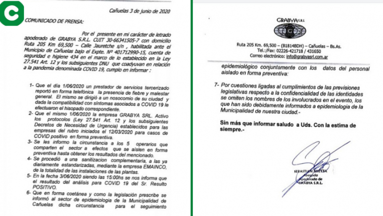 Comunicado de la empresa GRABYA SRL por el último caso de Coronavirus